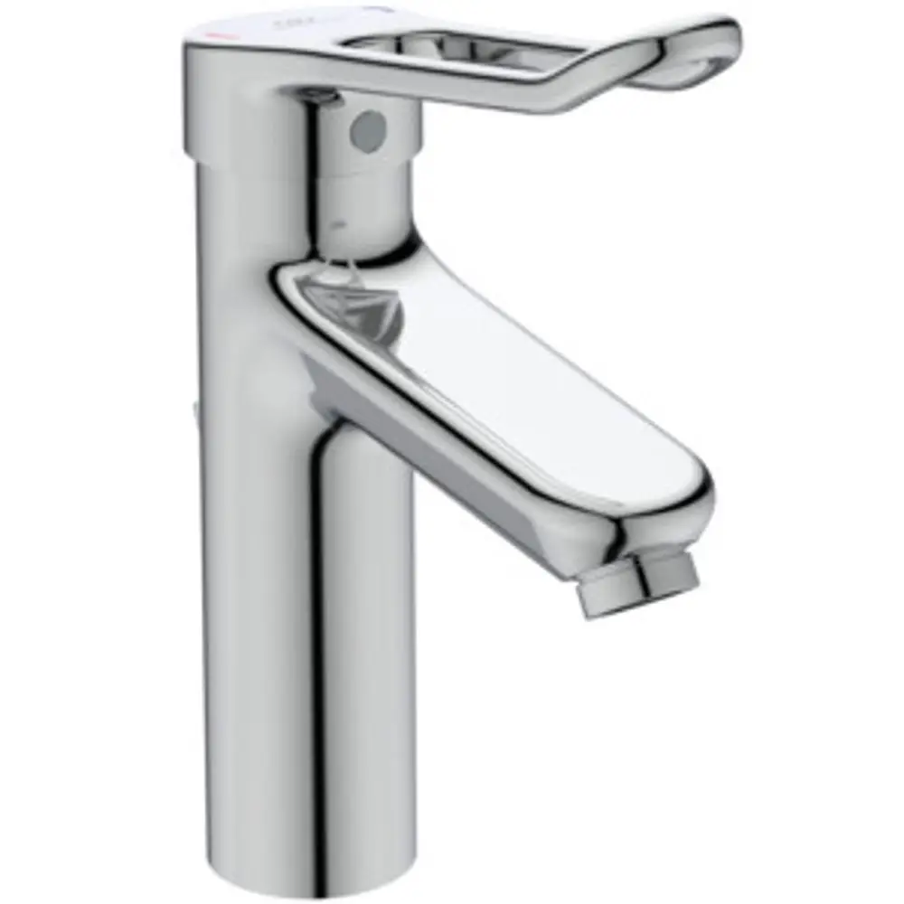 Chromfarbene Armatur mit Bügelgriff und Wasserablauf, hergestellt von Ideal Standard. Das Design ist funktional und auf Einsatz in Waschbecken ausgelegt.